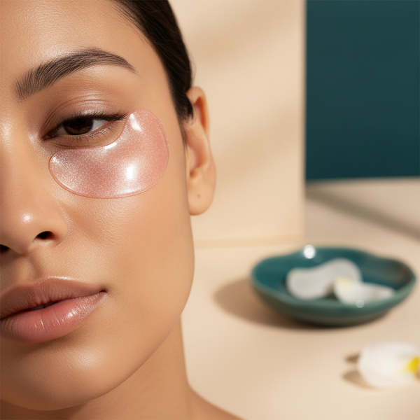 Close-up of a single translucent eye patch applied to a model's under-eye, showing smooth skin and a subtle glow against a cr