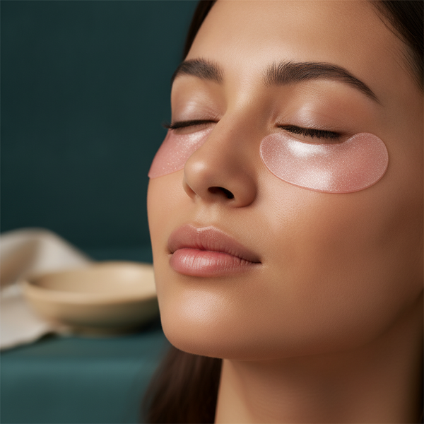 Close-up of a woman's face with eyes closed, wearing clear gel eye patches under her eyes, showcasing hydrated, plump skin.