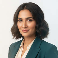Aria Gupta, a woman with dark hair and a warm smile, poses for a professional portrait against a bright white background.