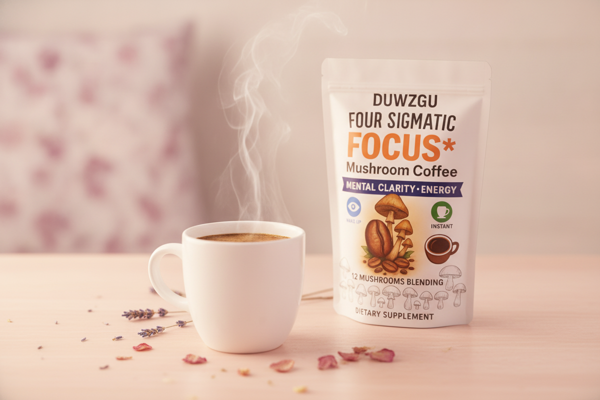 A steaming mug of mushroom coffee on a peach table, with the coffee blend bag nearby. The background is softly blurred with p