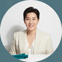 Circular portrait of Jordan Lee, an executive, smiling confidently against a soft deep teal and white background.