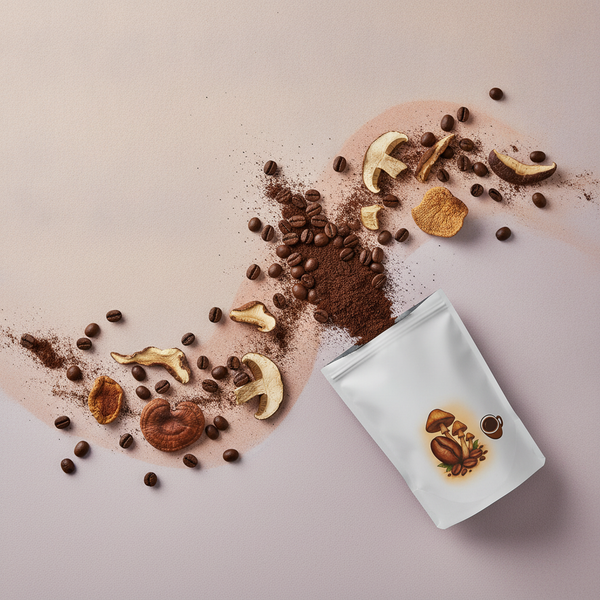 A close-up flat lay of an open bag of mushroom coffee blend surrounded by whole coffee beans and dried brown mushrooms on a m