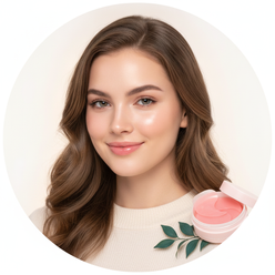 Sienna Rose, a young woman with a radiant, well-rested expression, wearing natural makeup, against a bright white and cream b