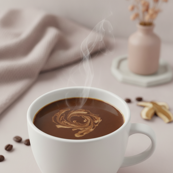 Close-up of a steaming mug of dark brown mushroom coffee with a subtle cream swirl, against a soft, blurred background in pal