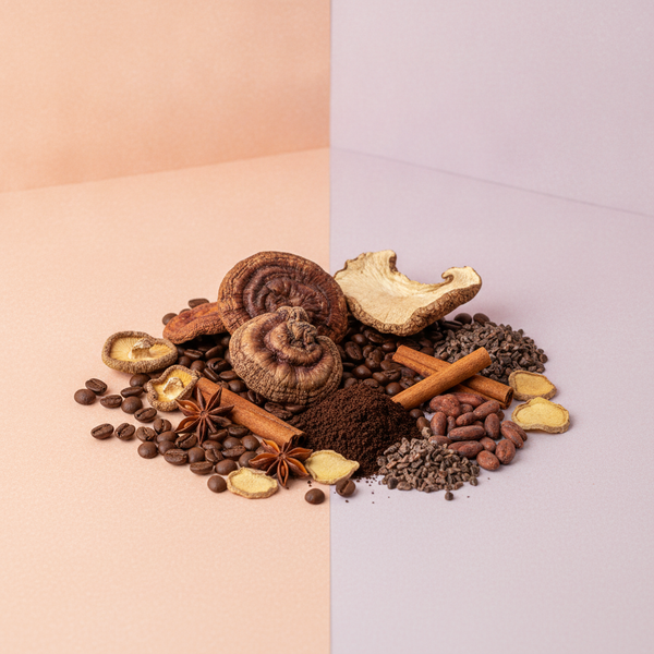 A close-up of whole, dried brown mushrooms, coffee beans, and other organic ingredients artfully arranged on a soft peach and