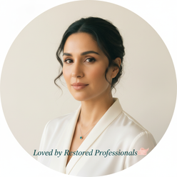 A professional, circular portrait of Maya Sterling, a woman with a confident and serene expression, against a cream backgroun