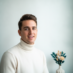 Portrait of Leo Fitzgerald, a male influencer with a stylish haircut, smiling confidently against a clean background.